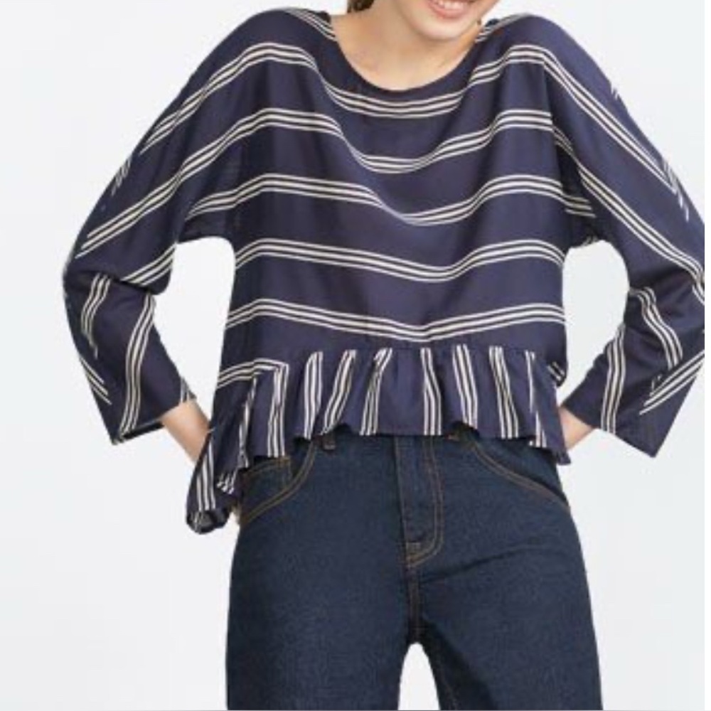 Zara Navy and White Striped Peplum Top.